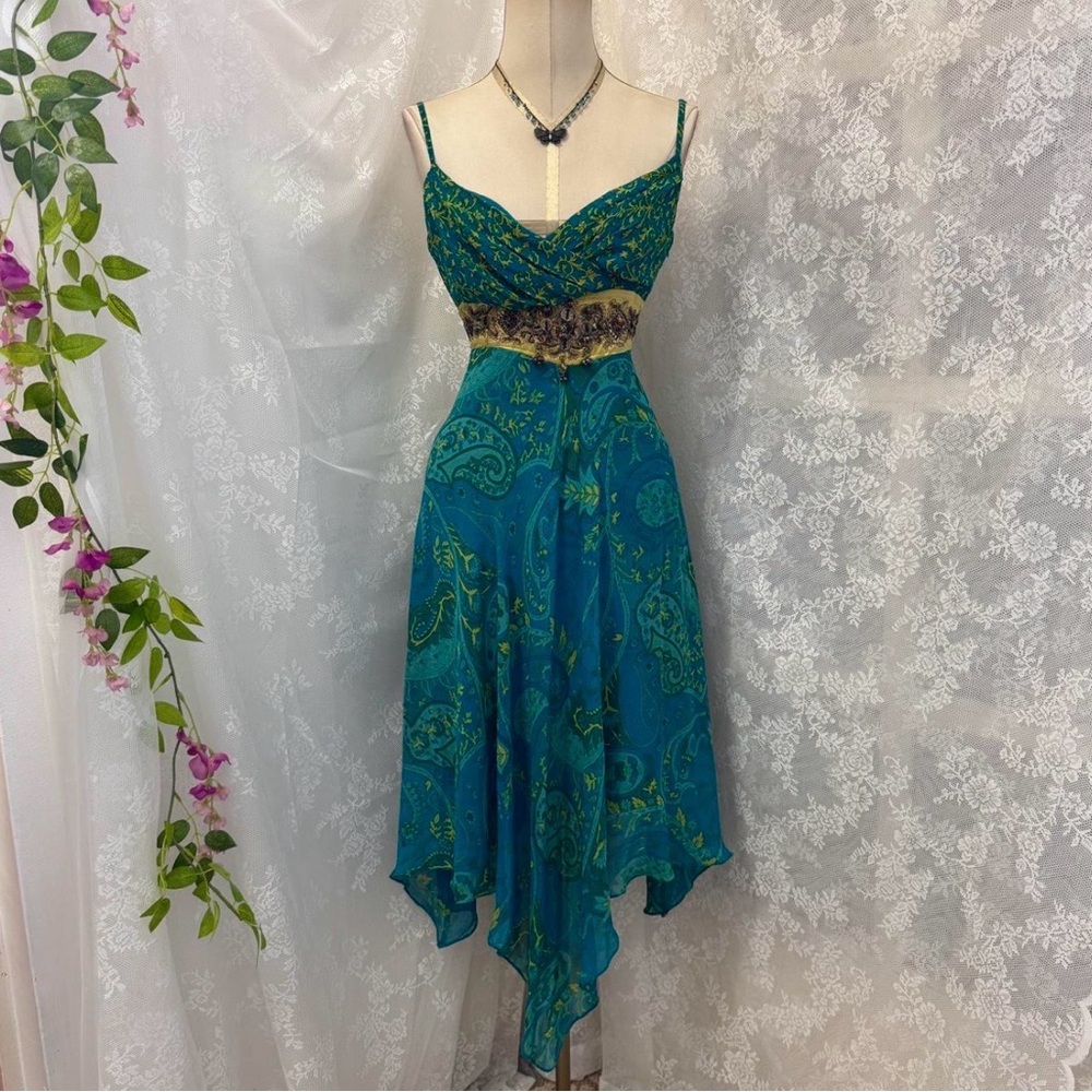 Karen Millen Teal Paisley Handkerchief Hem Spaghetti Strap Dress